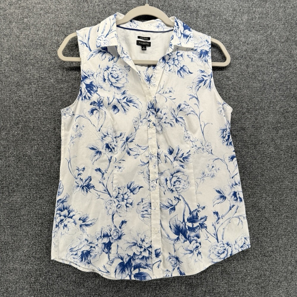 Talbots Top Womens 8 White Blue Floral Sleeveless Collared Old Money Preppy Boho